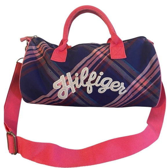 Vintage Tommy Hilfiger 13”x10”Plaid Academia Duffle Crossbody Bag Pink Blue - Picture 2 of 16